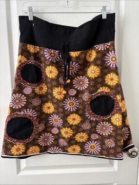 Luna Claire Brown Floral A-Line Skirt with Black Waistband